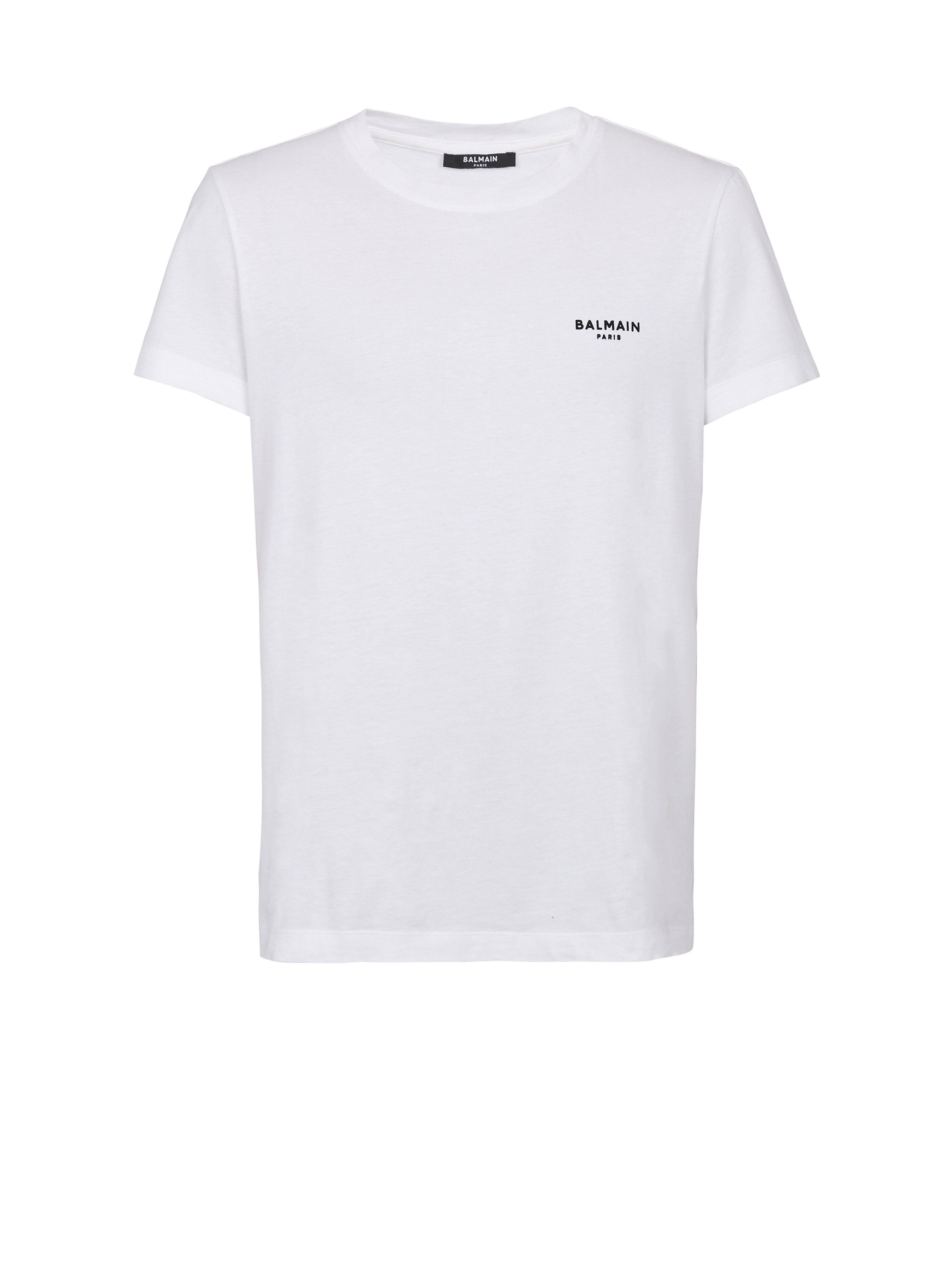 Eco-designed cotton T-shirt with small flocked Balmain Paris logo, white