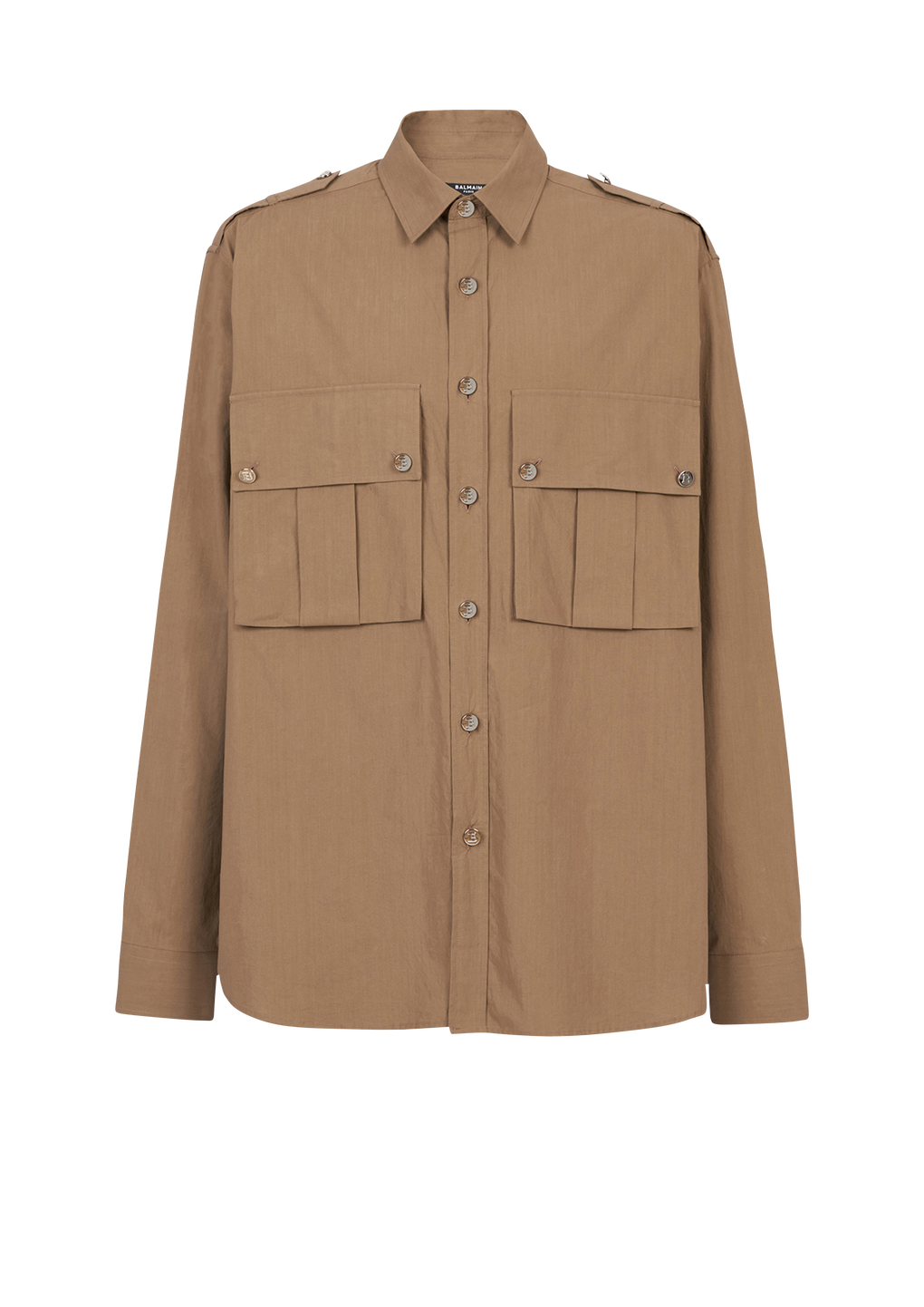 Cotton shirt with Balmain badge, brown, hi-res