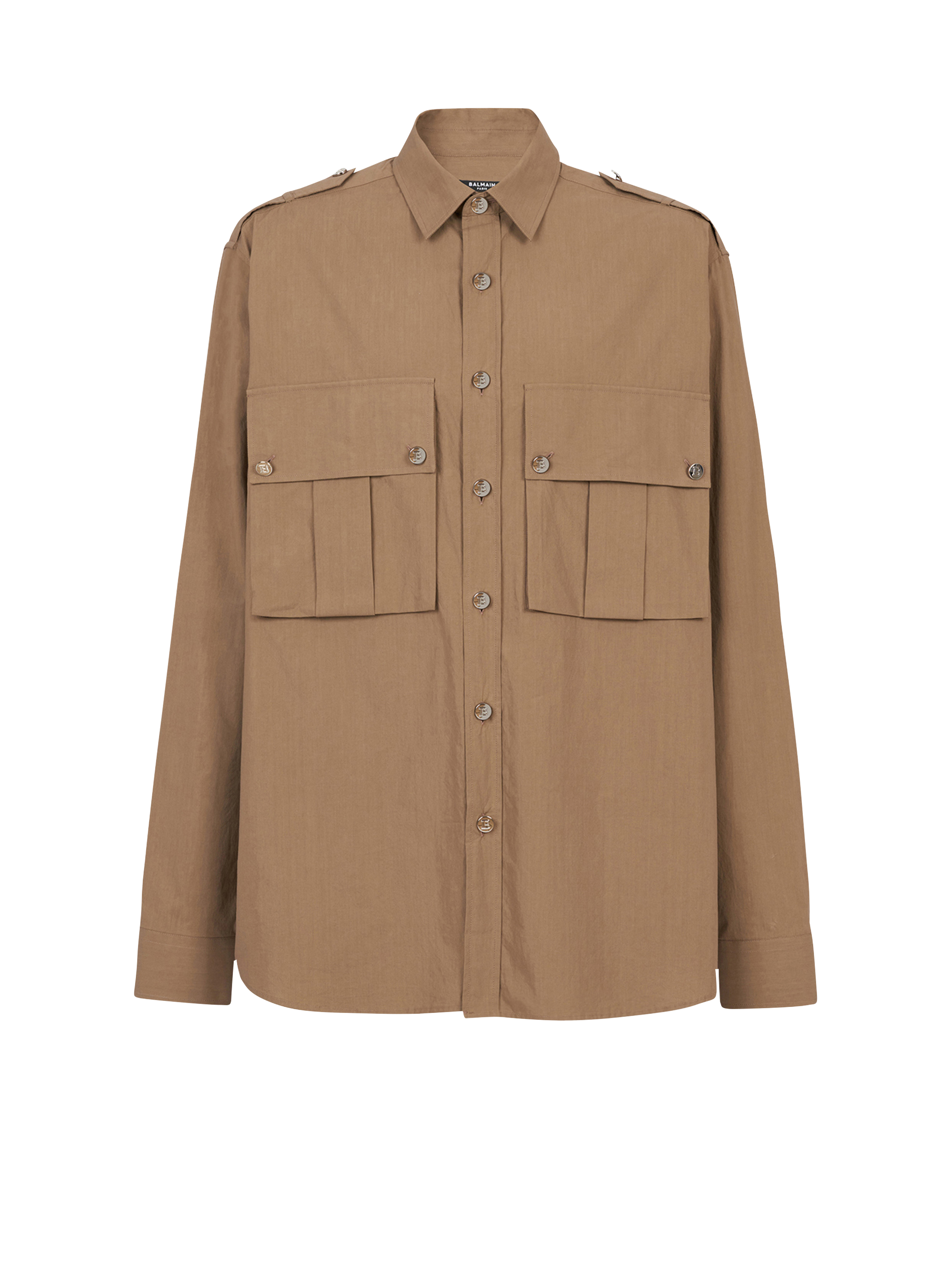 Cotton shirt with Balmain badge, brown
