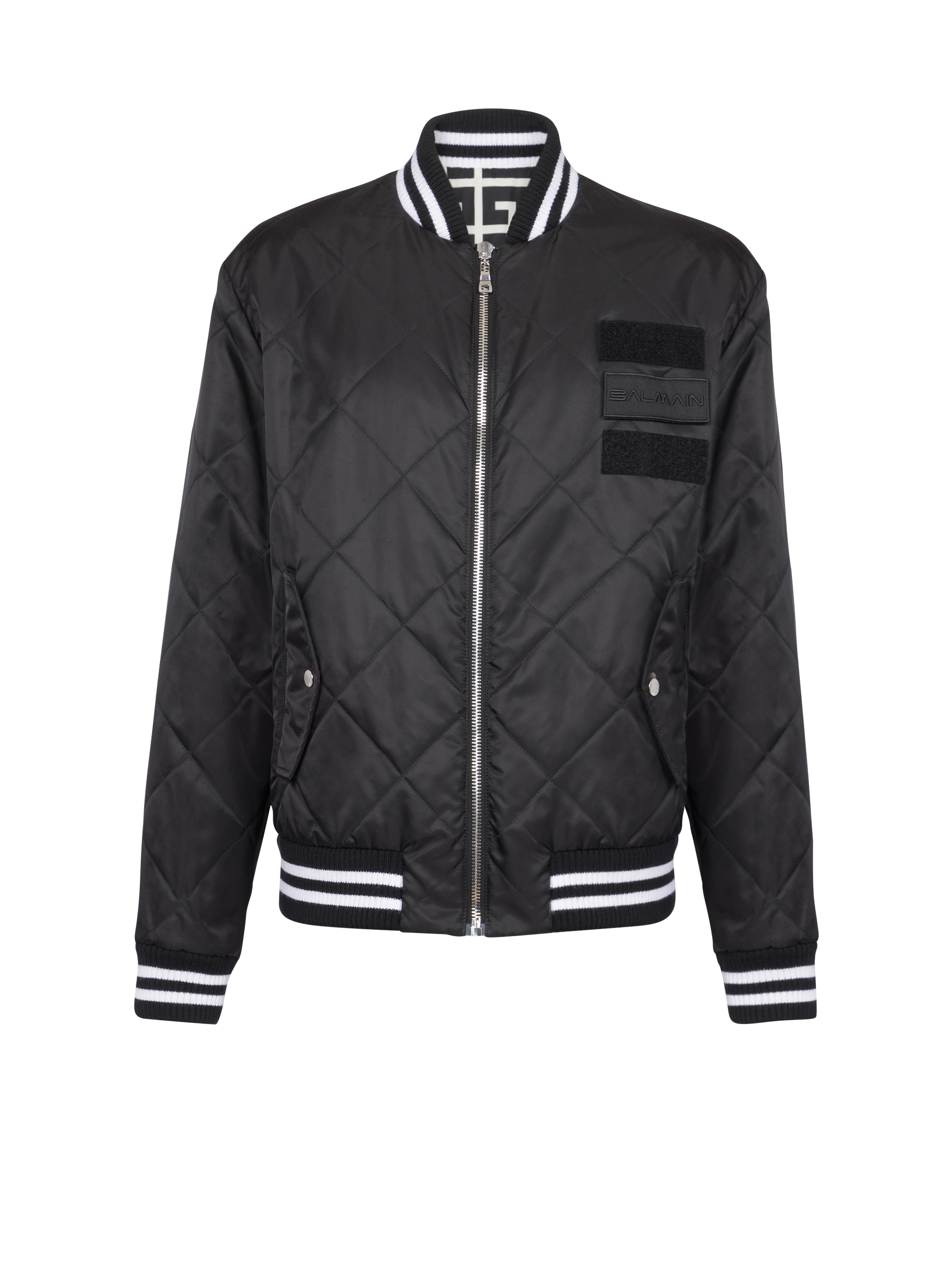 Reversible nylon bomber jacket with maxi monogram, black